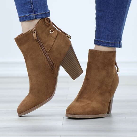 Brown Faux Suede Pointed Toe Low Heel Ankle Boots Back Laces Booties - Picture 11 of 12